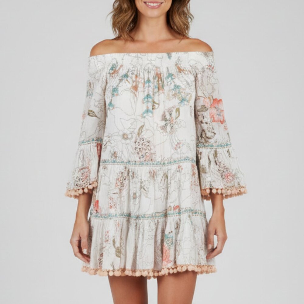 Z&L Floral Beaded Pom Pom Dress Size Small b64